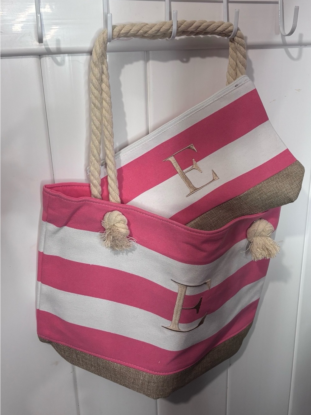 Striped Pink & White Canvas Tote with Rope Handles and Monogram E